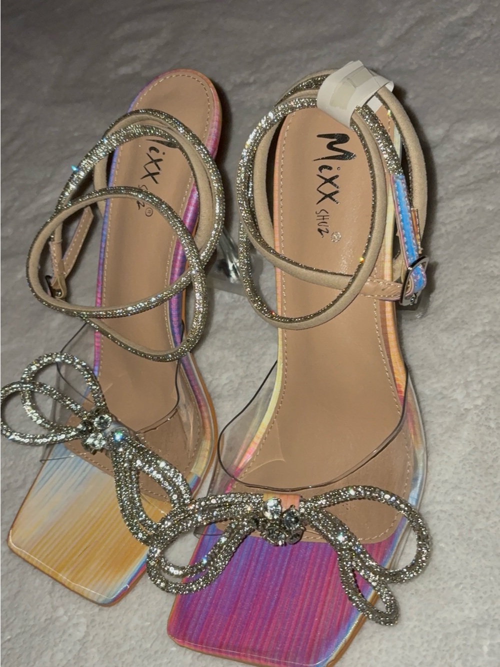 Mixx Shuz Iridescent Rainbow Bow Strappy Heels